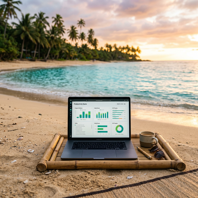 Open laptop on a bamboo tray on a tropical beach showing productivity dashboard on screen, turquoise water and palm trees in background, golden sunset light, remote work concept, no people